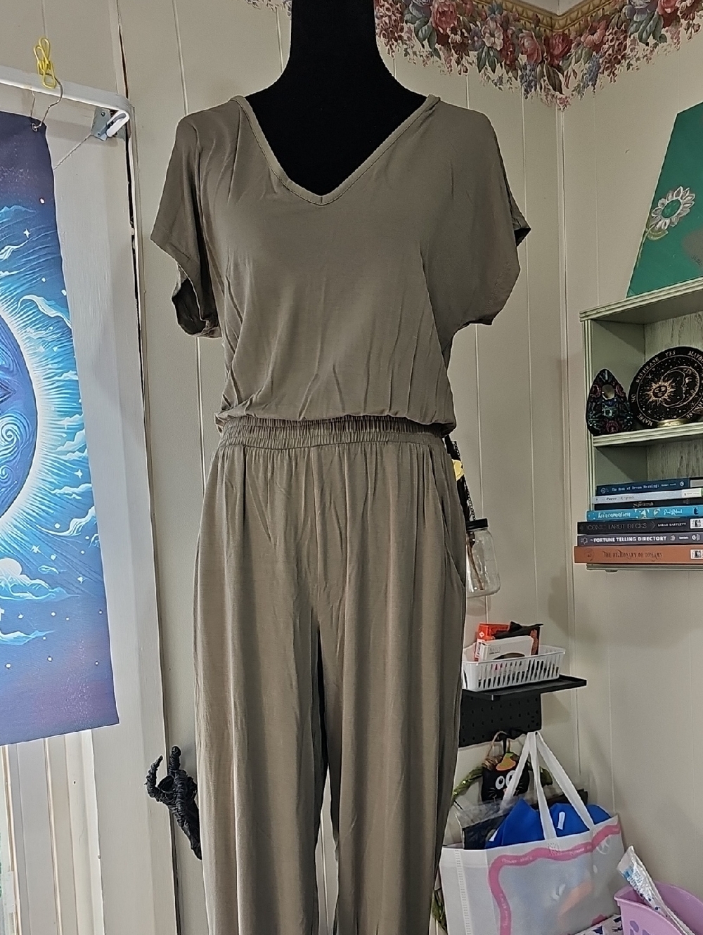 Nicole Miller Olive Green V-Neck Wide Leg Jumpsuit